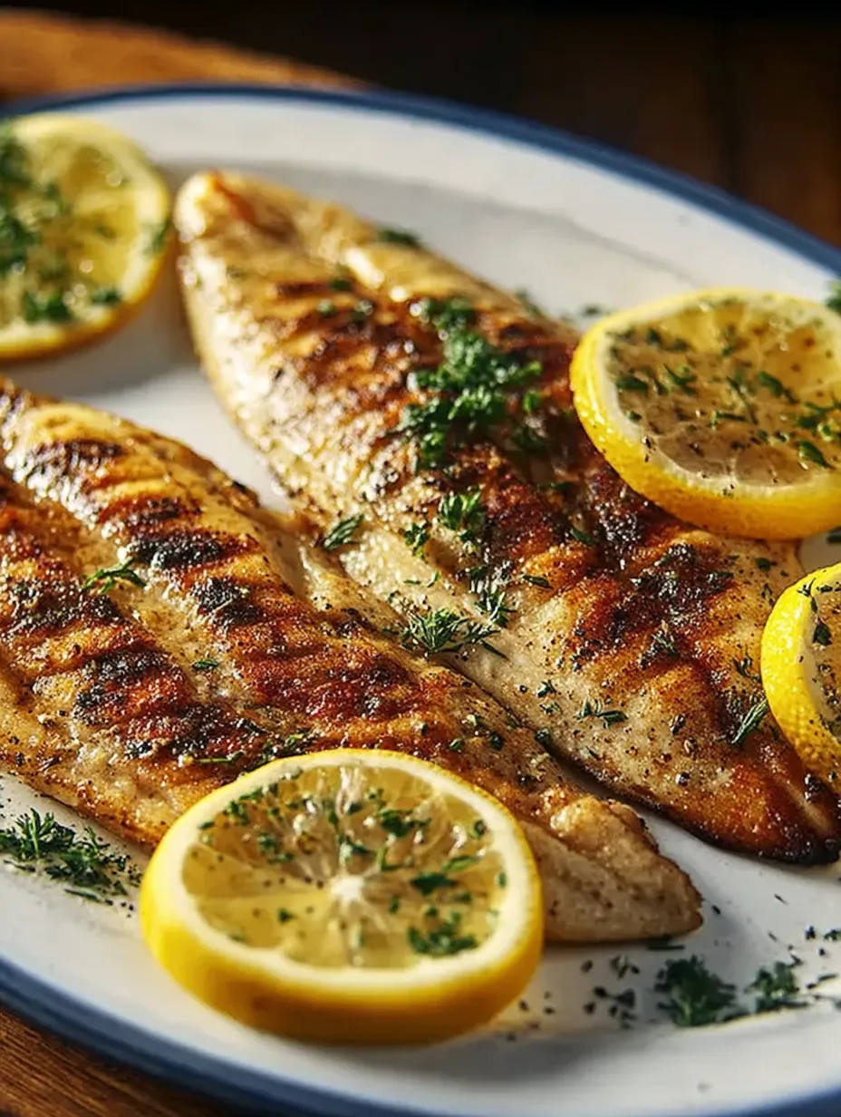 Une assiette de poisson grillé avec citron et herbes.