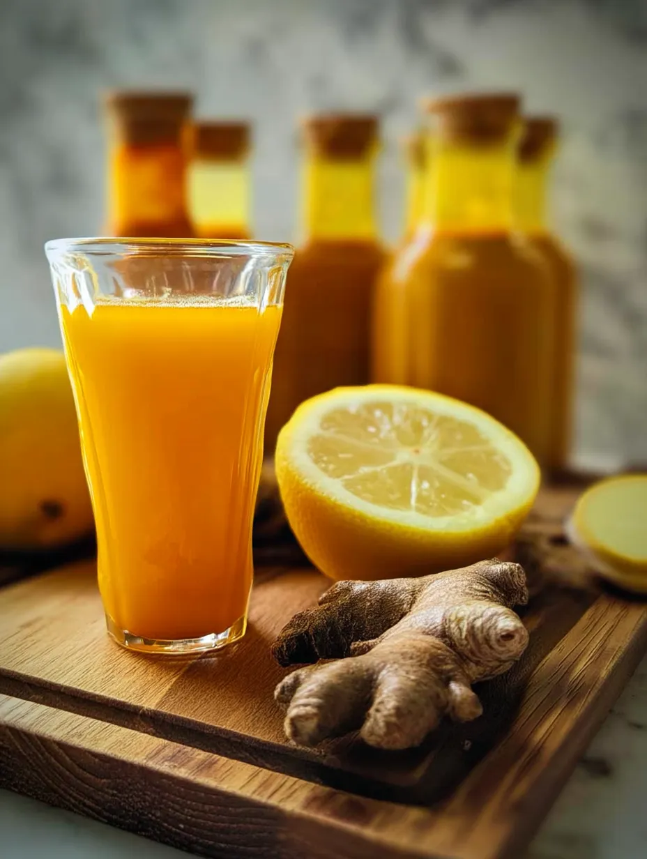 Un verre de jus orange avec un quartier de citron et une bouteille de shots gingembre curcuma.