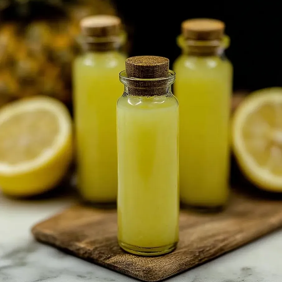 Trois bouteilles de shots bien-être au jus d'ananas, coco, citron et gingembre.