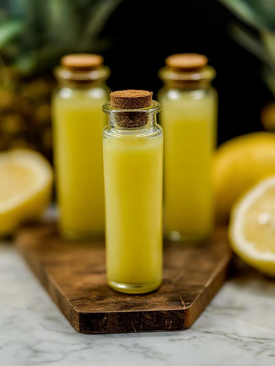 Trois bouteilles de shots de jus ananas coco citron gingembre.