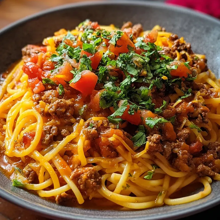 Un bol de spaghetti avec viande et tomates.