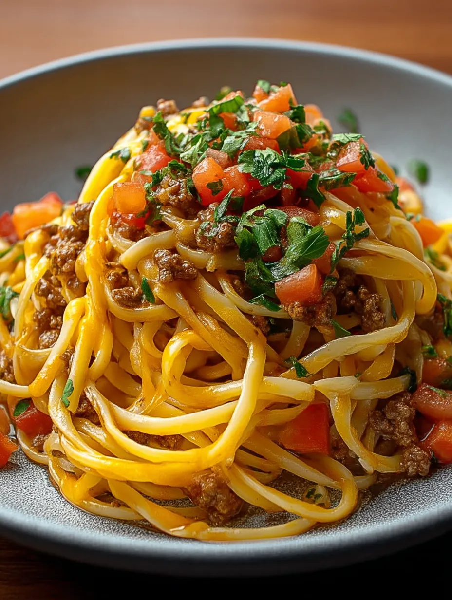 Une assiette de spaghetti avec viande et tomates.