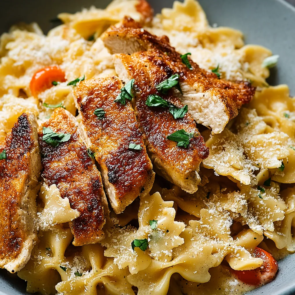 Un bol de pâtes avec poulet et fromage.