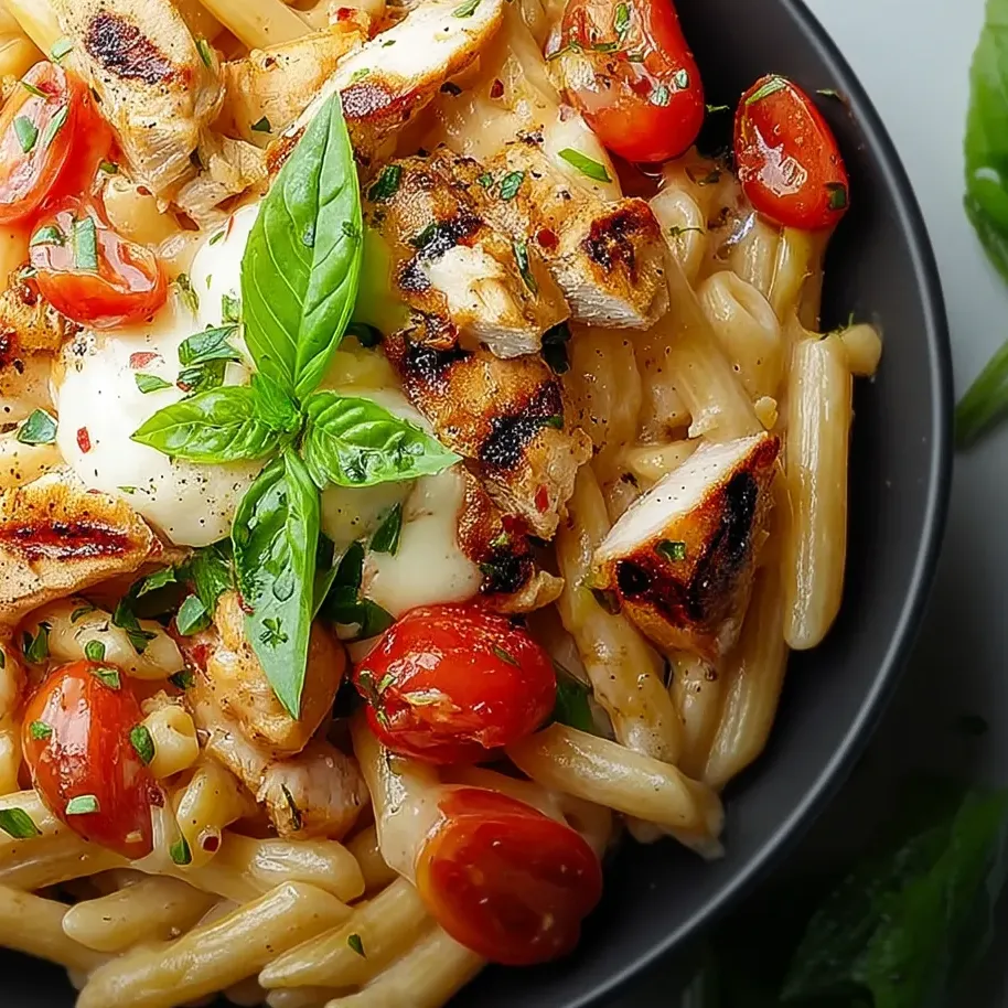 Un bol de pâtes au poulet et mozzarella.
