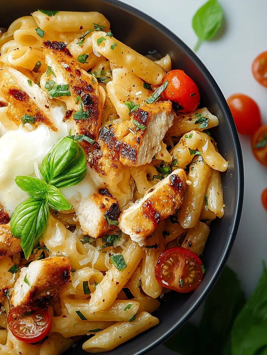 Un bol de recette de poulet, mozzarella, et pâtes.