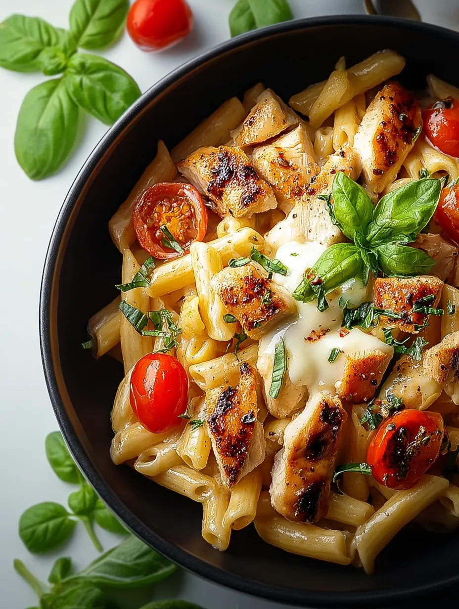 Un bol de poulet, mozzarella, et pâtes.