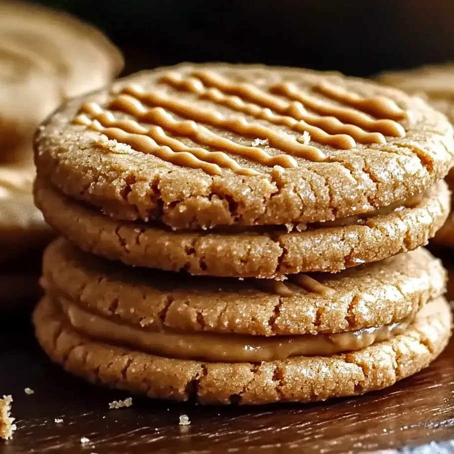 Biscuits sandwich au beurre de cacahuète empilés sur une table.
