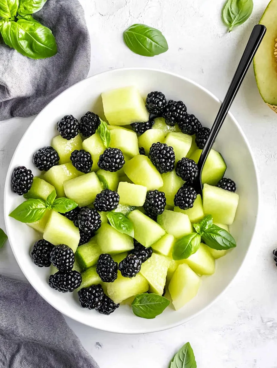 Un bol de salade de melon, mûres et basilic.