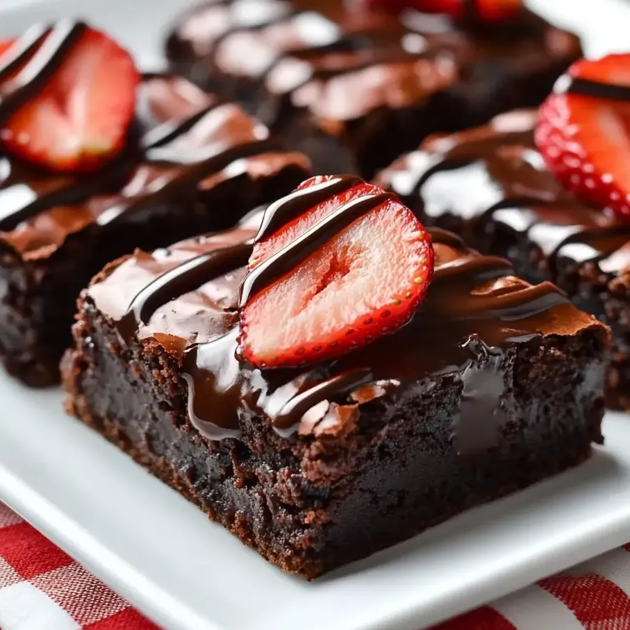 Une assiette de brownies aux fraises enrobées de chocolat.