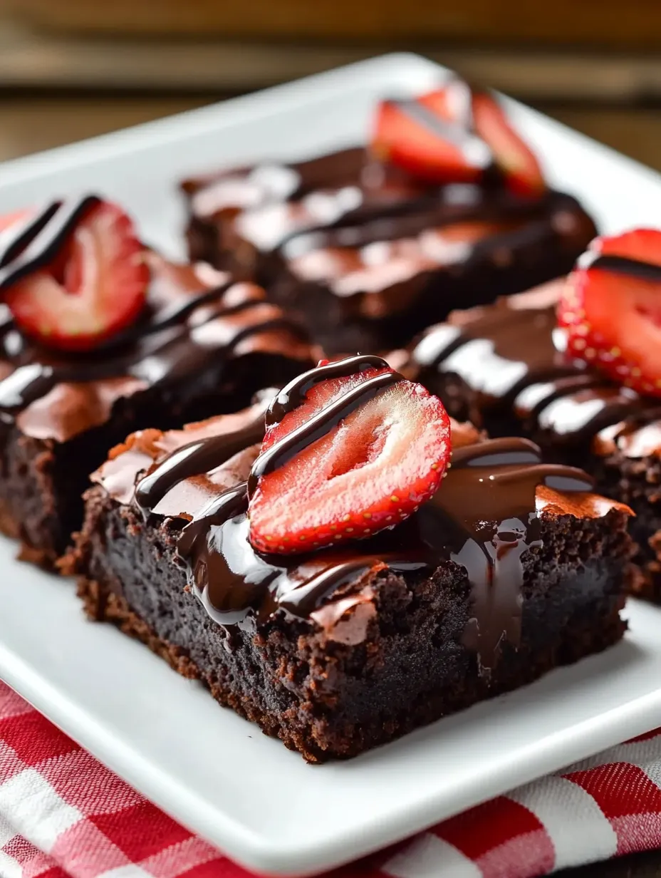 Une assiette de brownies aux fraises enrobés de chocolat.