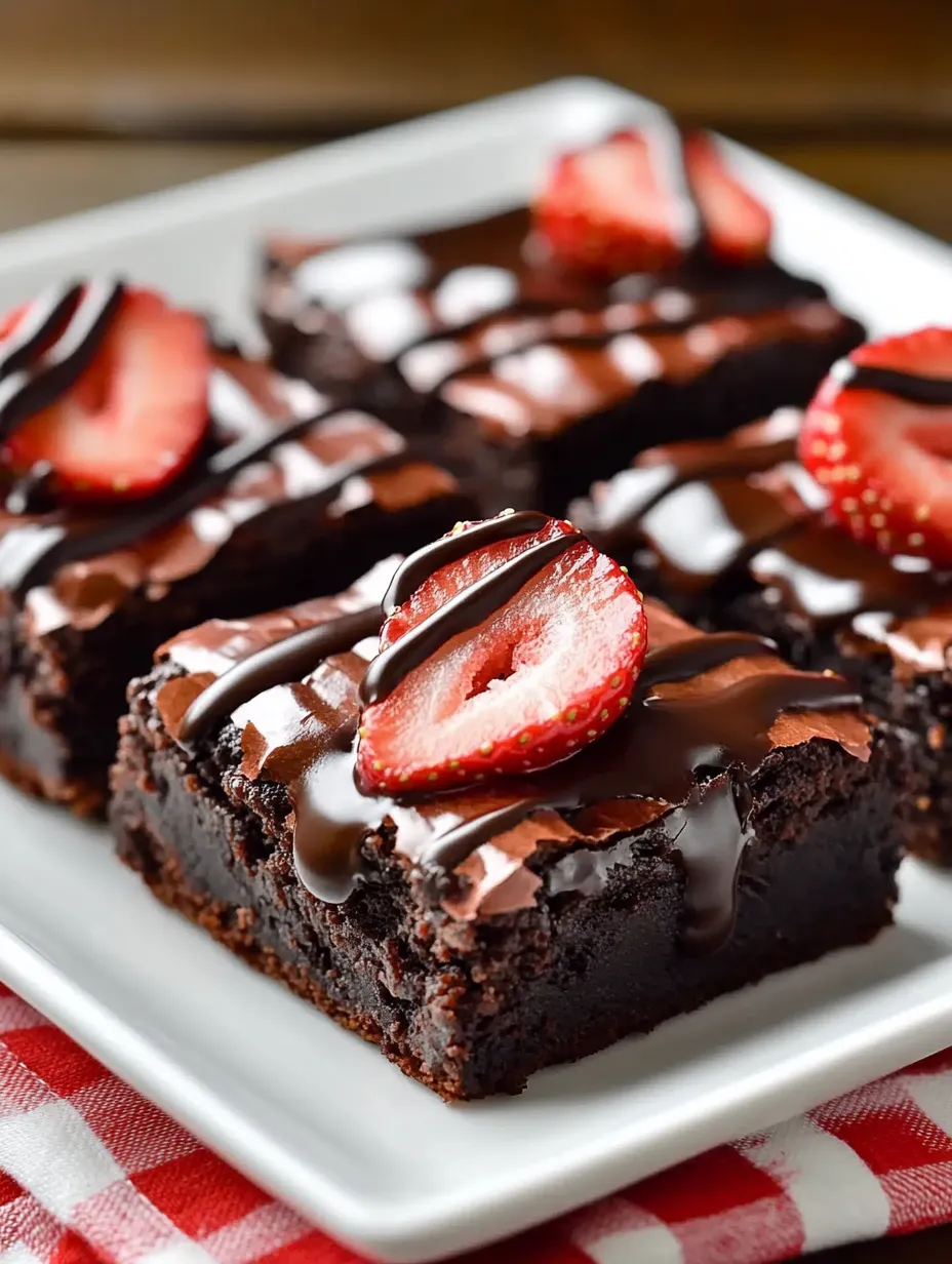 Une assiette de brownies aux fraises enrobés de chocolat.