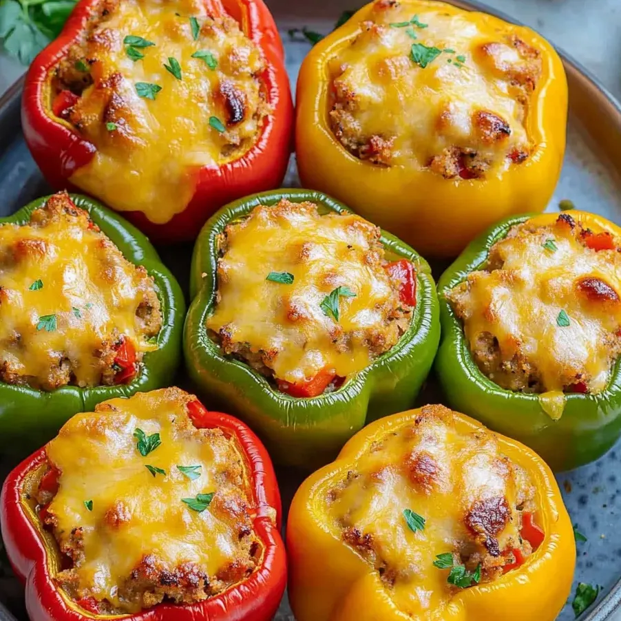 Quatre poivrons farcis avec fromage et herbes.