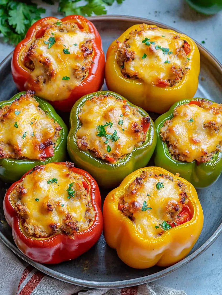 Quatre poivrons farcis sur une assiette.