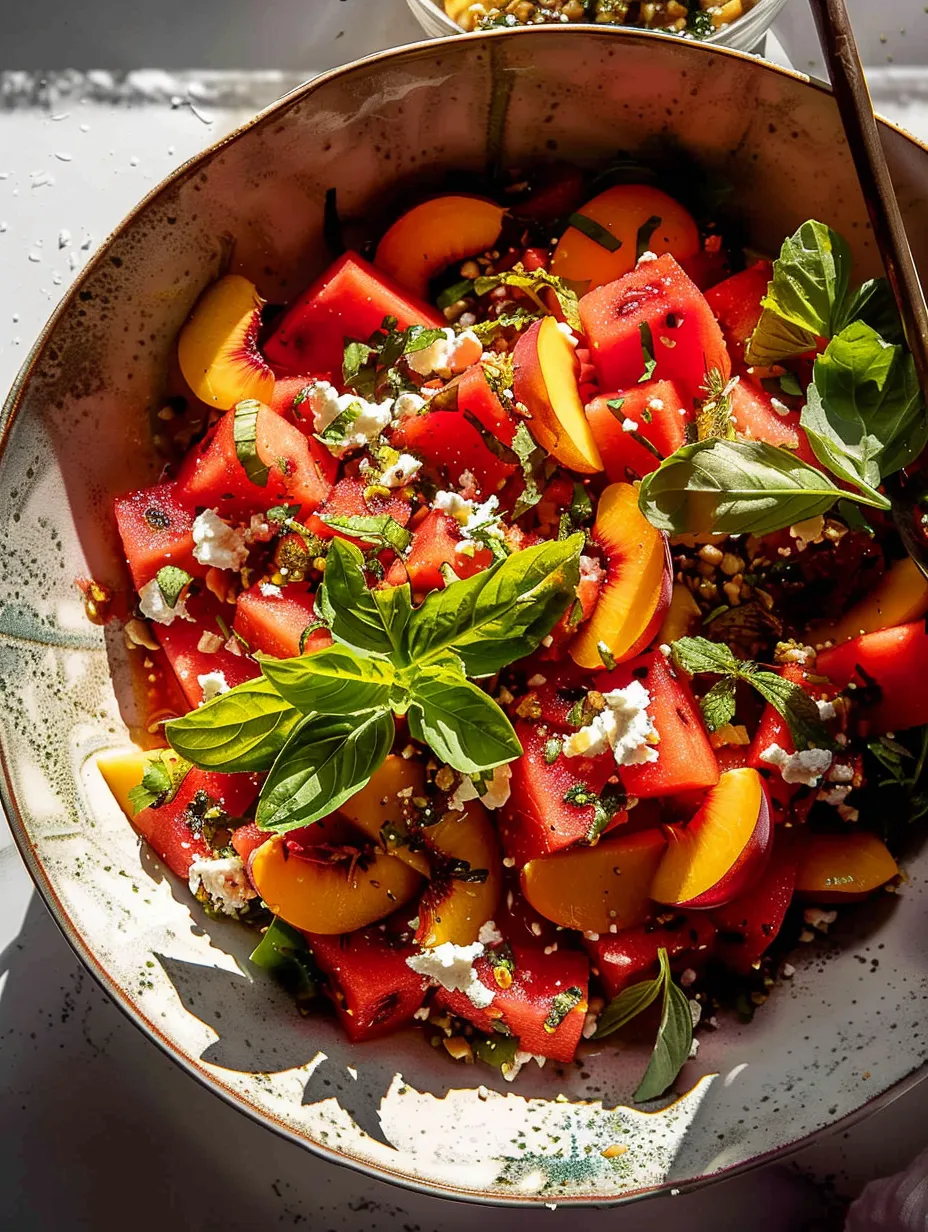 Un bol de salade de pastèque et pêches.