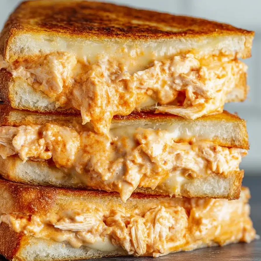 Trois morceaux de fromage grillé avec sauce poulet buffalo.