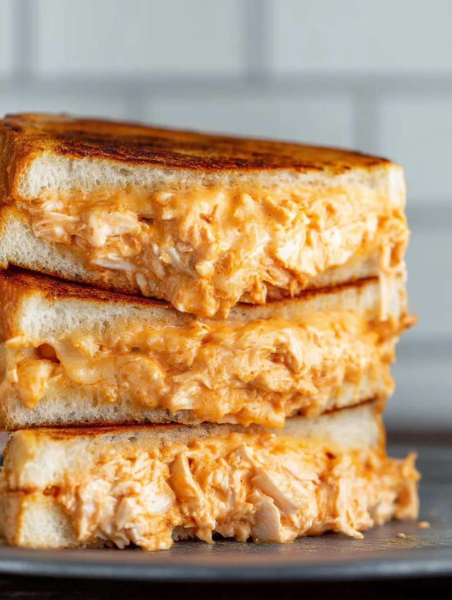 Trois morceaux de sandwich grillé au poulet buffalo.