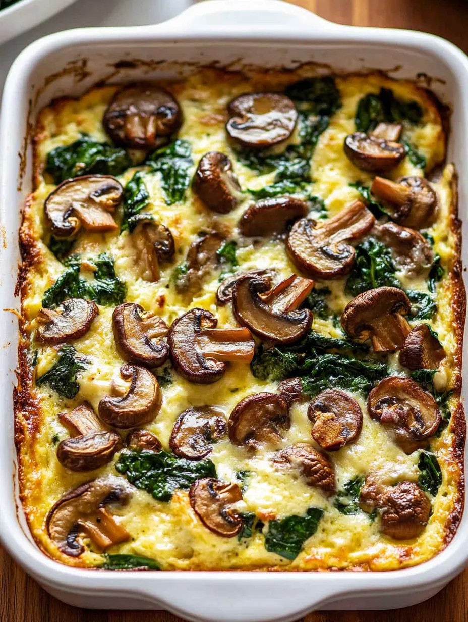 Une recette de casserole aux épinards et champignons pour le petit-déjeuner.