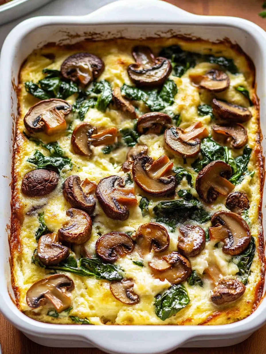 Une casserole de petit-déjeuner aux épinards et champignons.