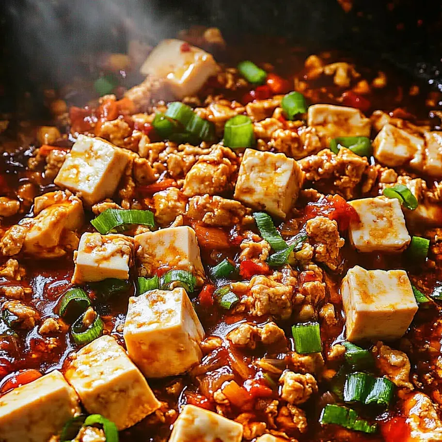 Un plat de Tofu Mapo avec des oignons verts.