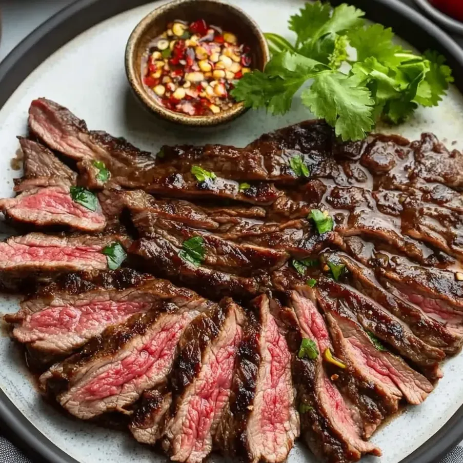 Une assiette de bœuf tranché avec un bol de sauce.