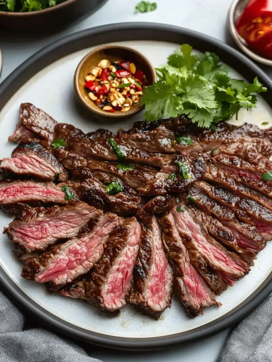 Une assiette de bœuf avec un bol de piments et d'oignons.
