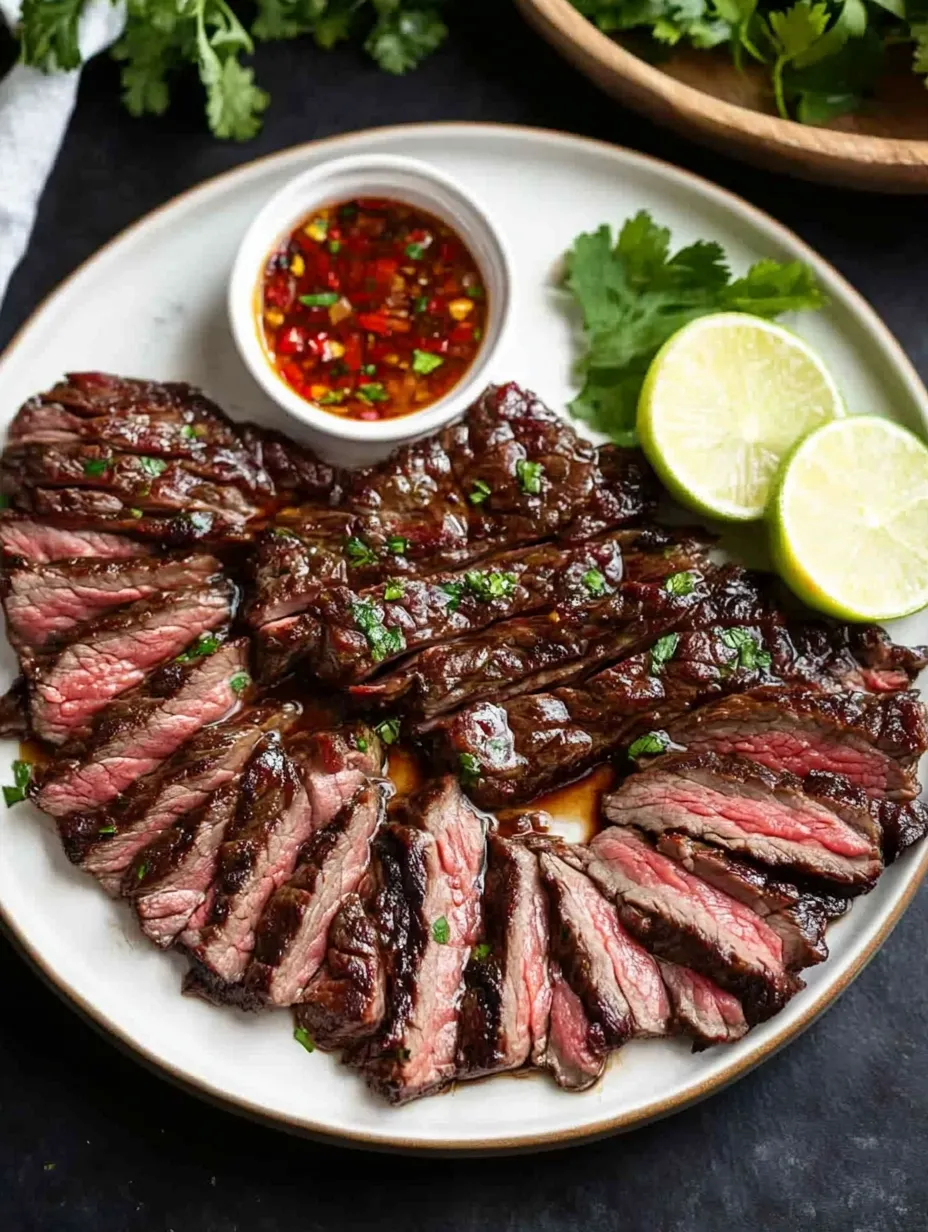 Une assiette de bœuf avec un bol de sauce.
