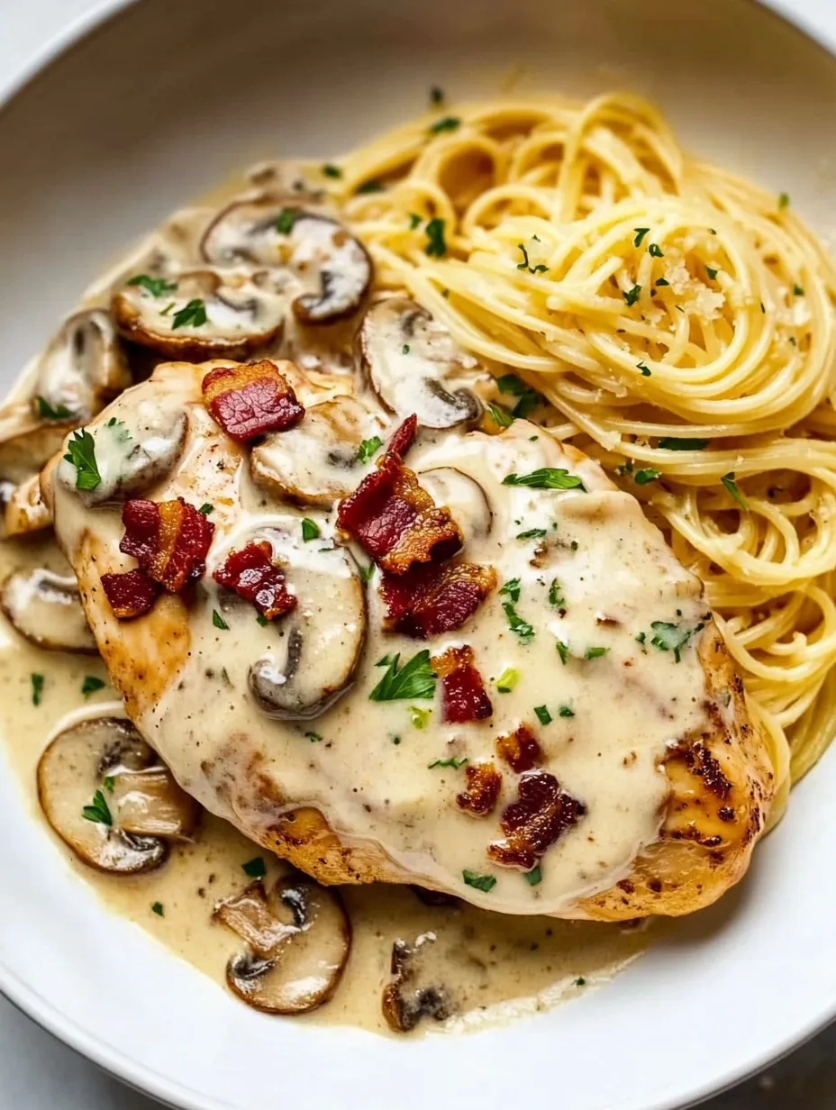 Une assiette de poulet avec champignons et viande.