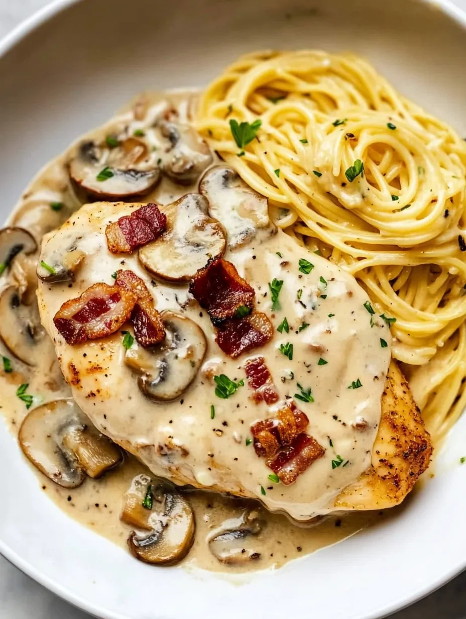 Une assiette de poulet avec champignons et viande.