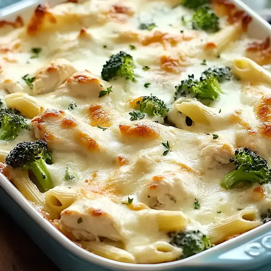 Un plat de gratin de poulet et brocoli alfredo.