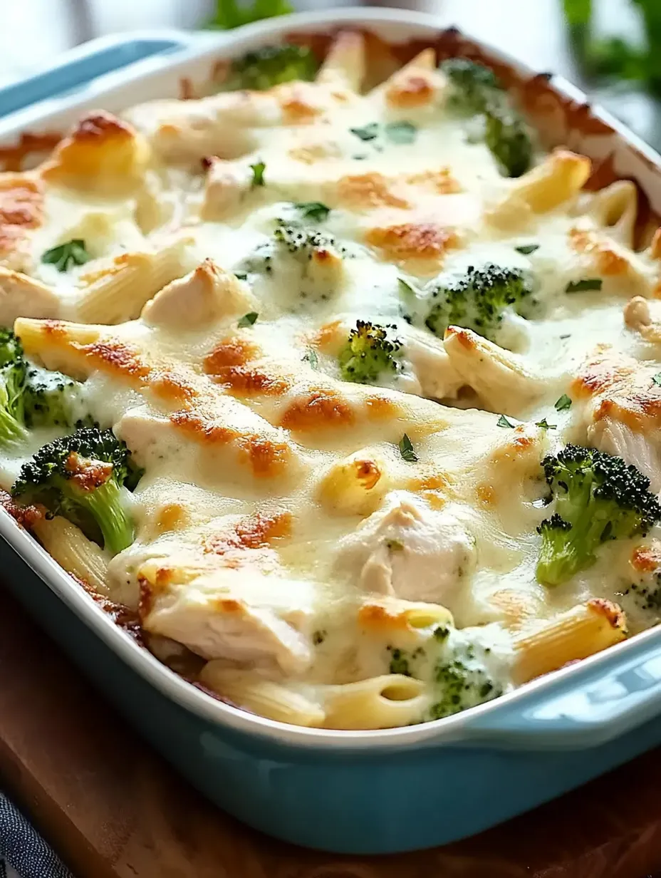 Un plat de gratin de poulet et brocoli alfredo.
