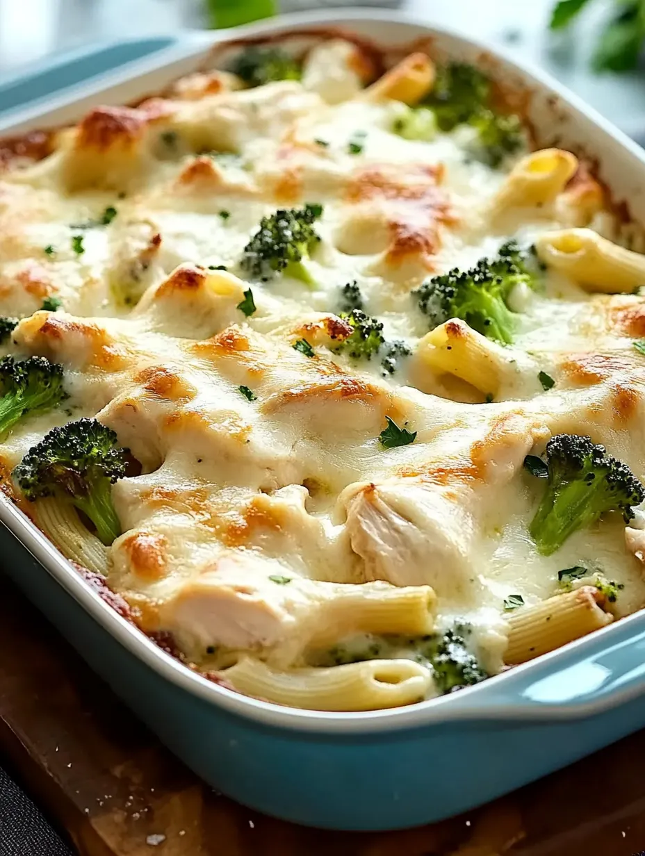 Un plat de gratin de poulet et brocoli alfredo.