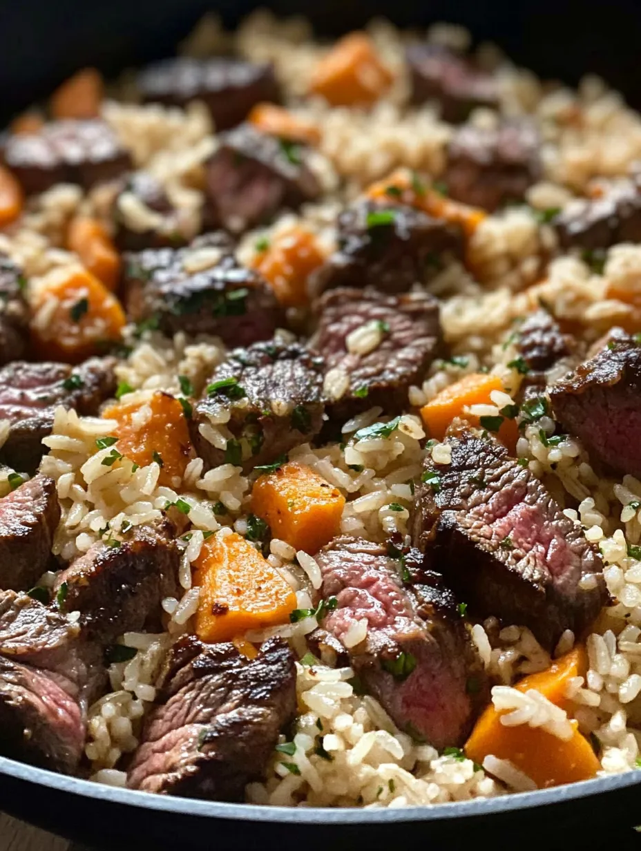 Une poêle de riz, bifteck et fromage.