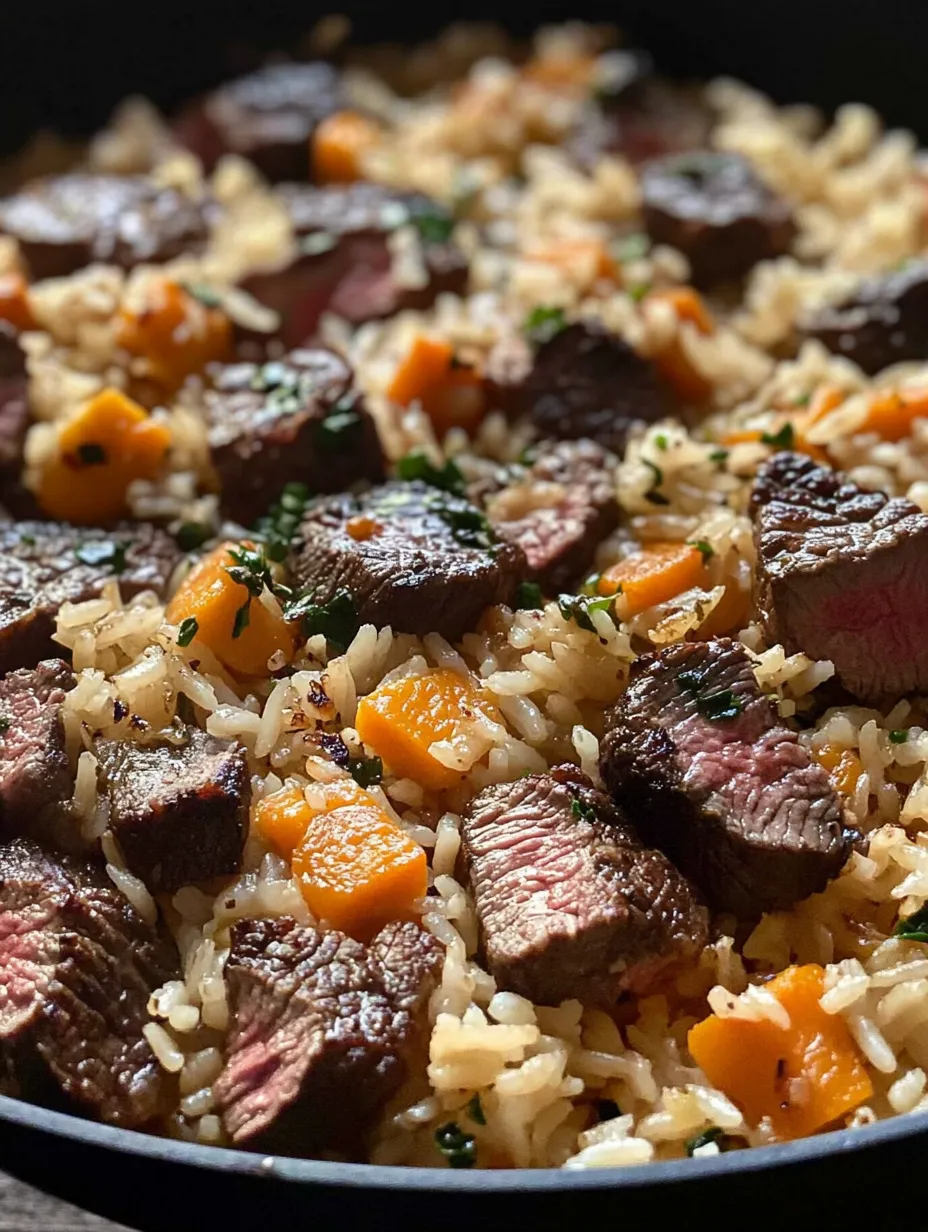 Un gros plan d'une poêle avec du riz, du bifteck et du fromage.