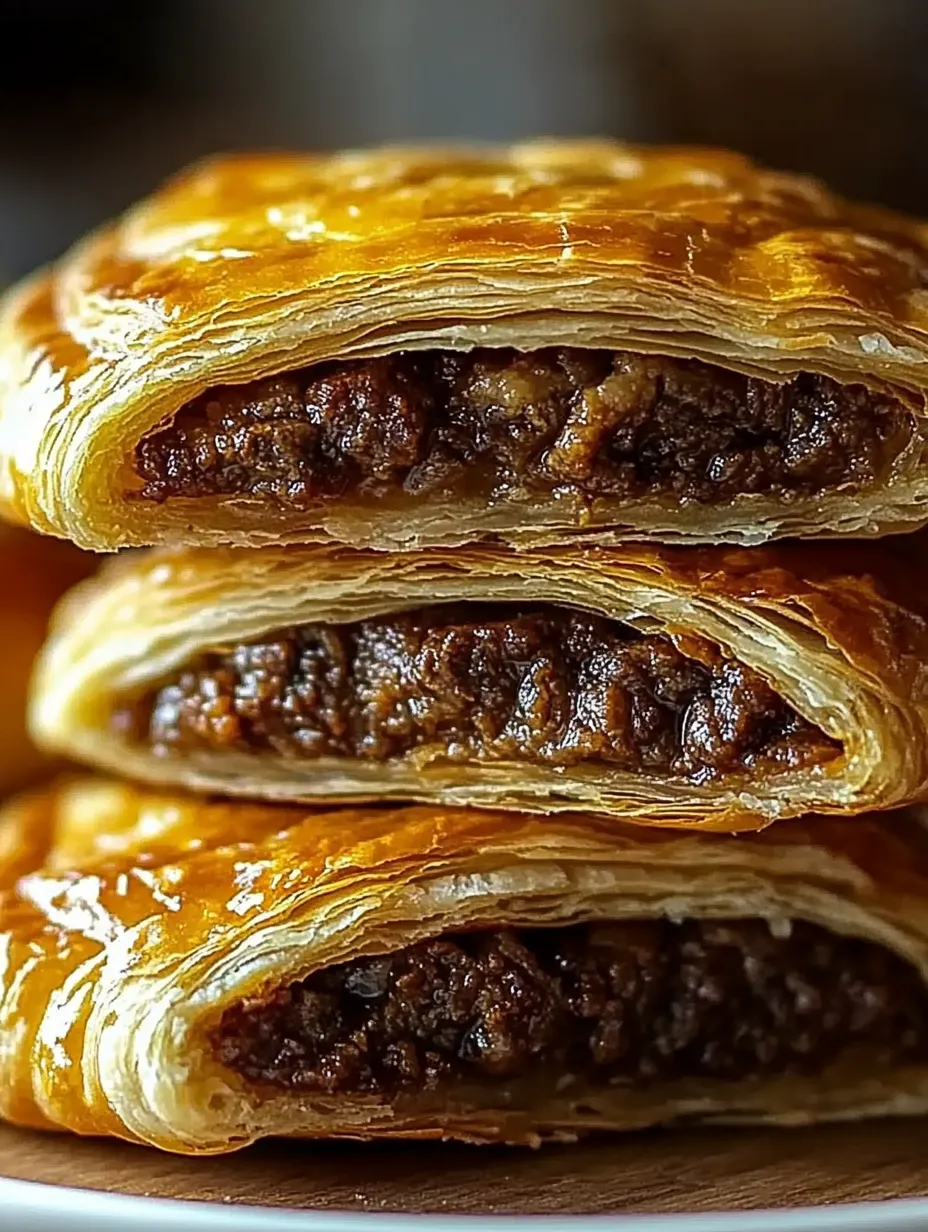 Trois pâtés jamaïcains de bœuf empilés les uns sur les autres.