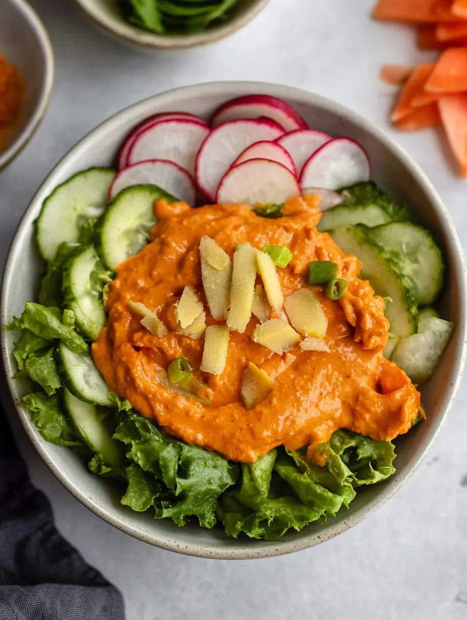 Un bol de nourriture avec une sauce rouge et des légumes.