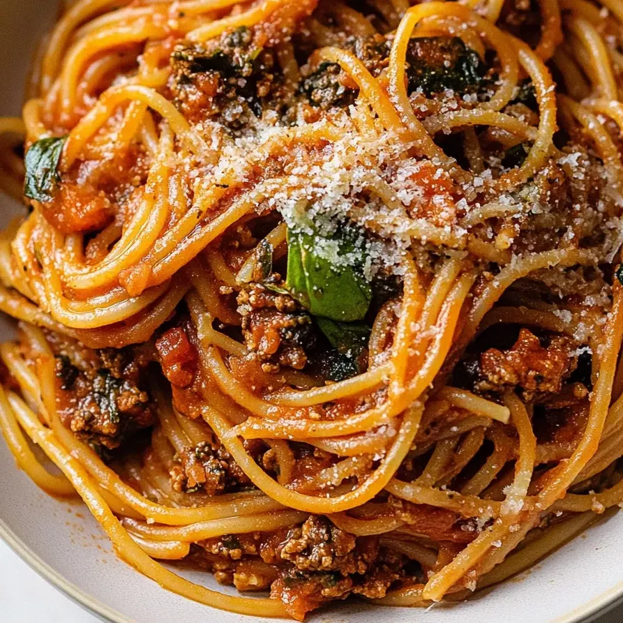 Un bol de spaghetti avec sauce à la viande et fromage.