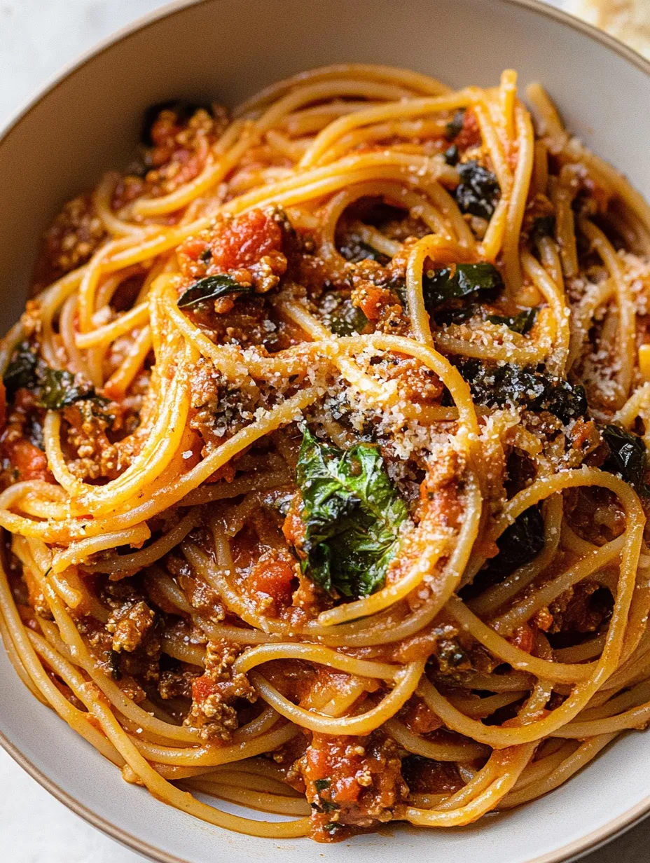 Un bol de spaghetti avec sauce tomate et herbes.
