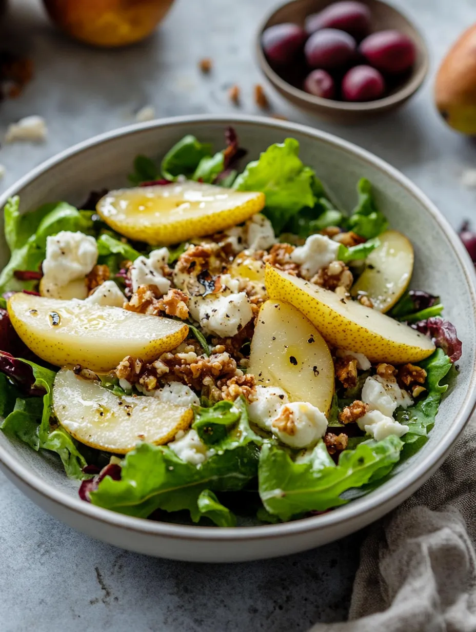 Un bol de salade avec poire, feta et laitue.