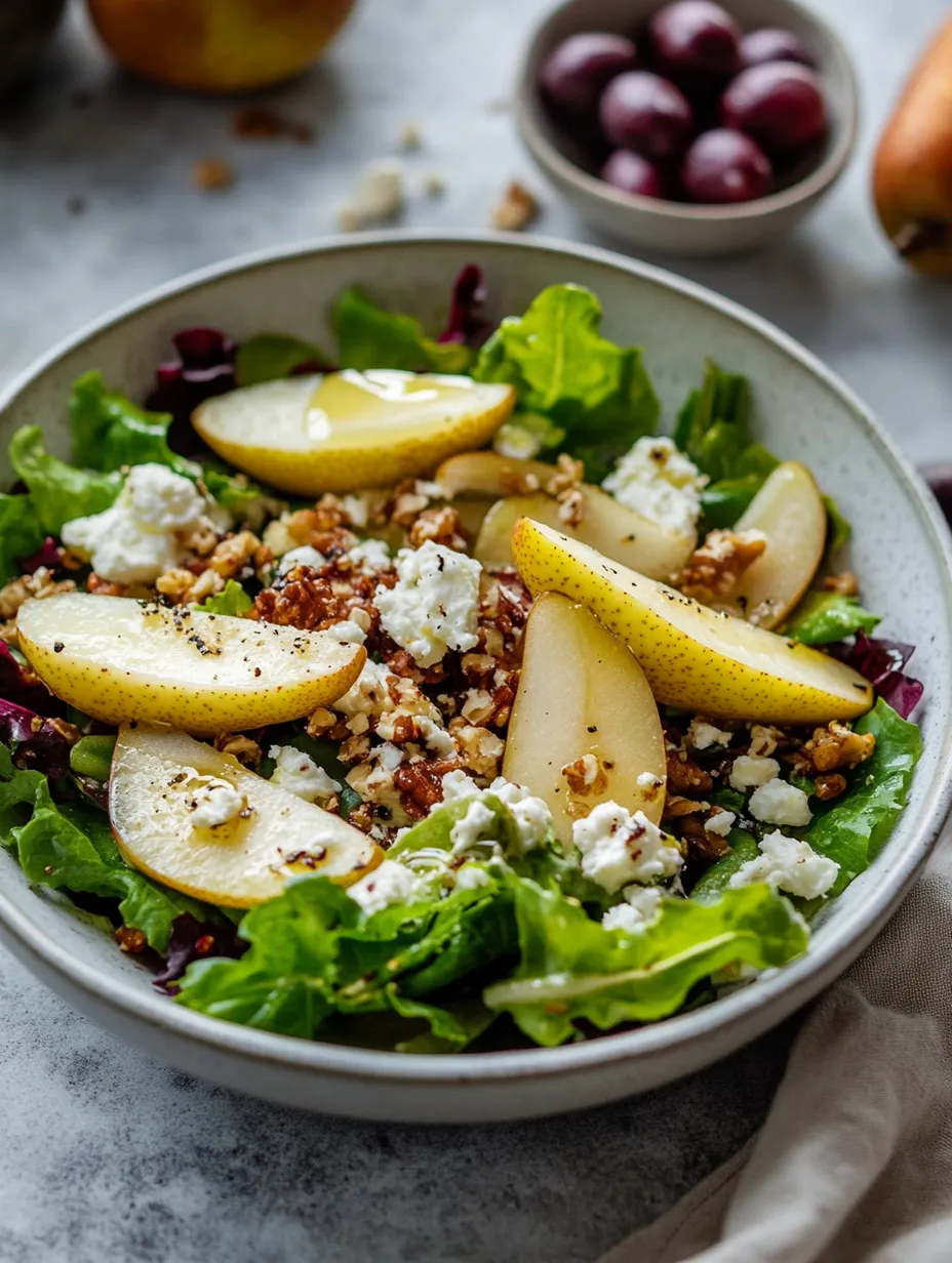 Un bol de salade avec poire, feta et verdure.