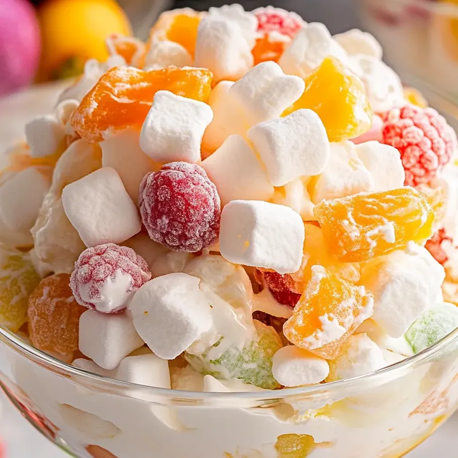 Un bol de salade de fruits avec des guimauves par-dessus.