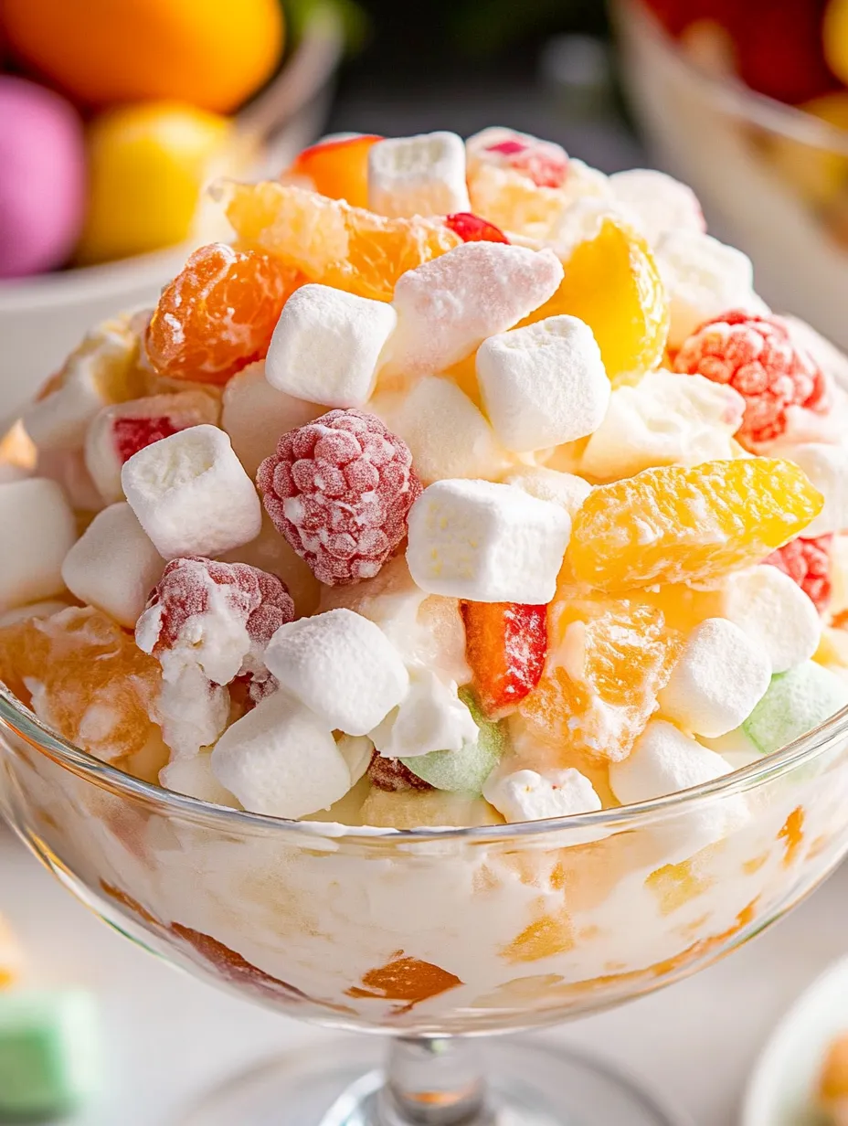 Un bol de salade de fruits avec des guimauves sur le dessus.