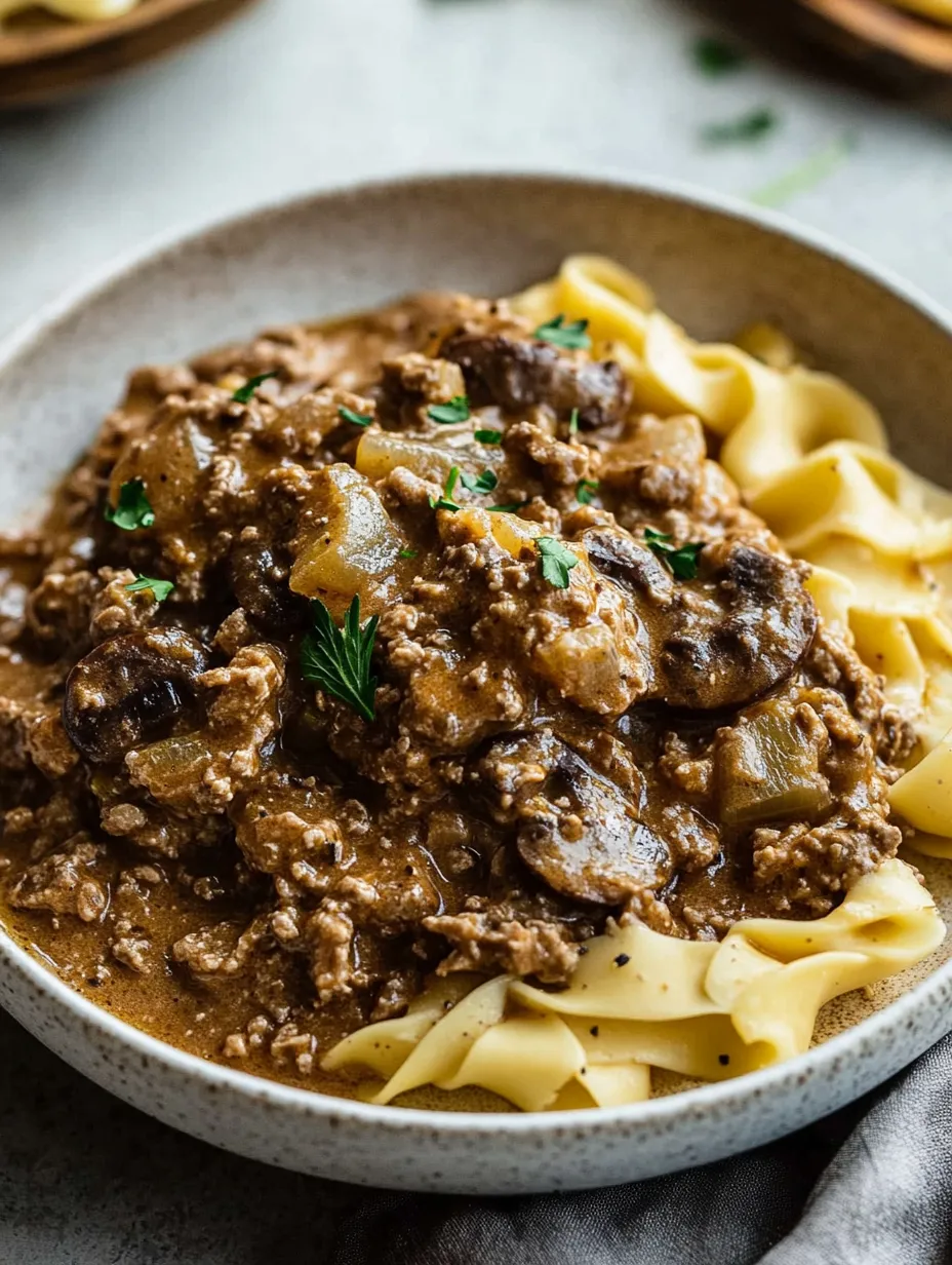 Un bol de stroganoff de bœuf haché.
