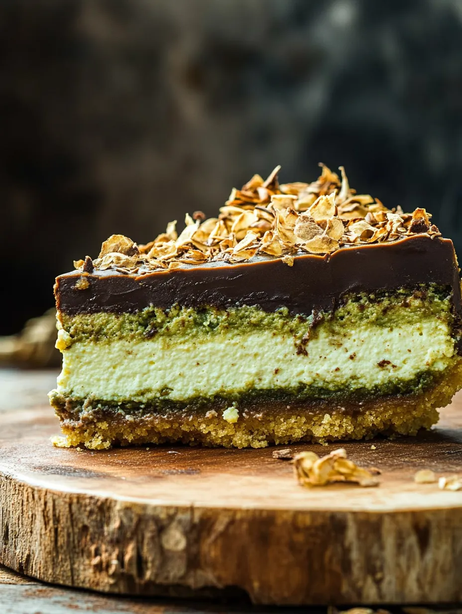Une part de cheesecake au chocolat avec une garniture émiettée.
