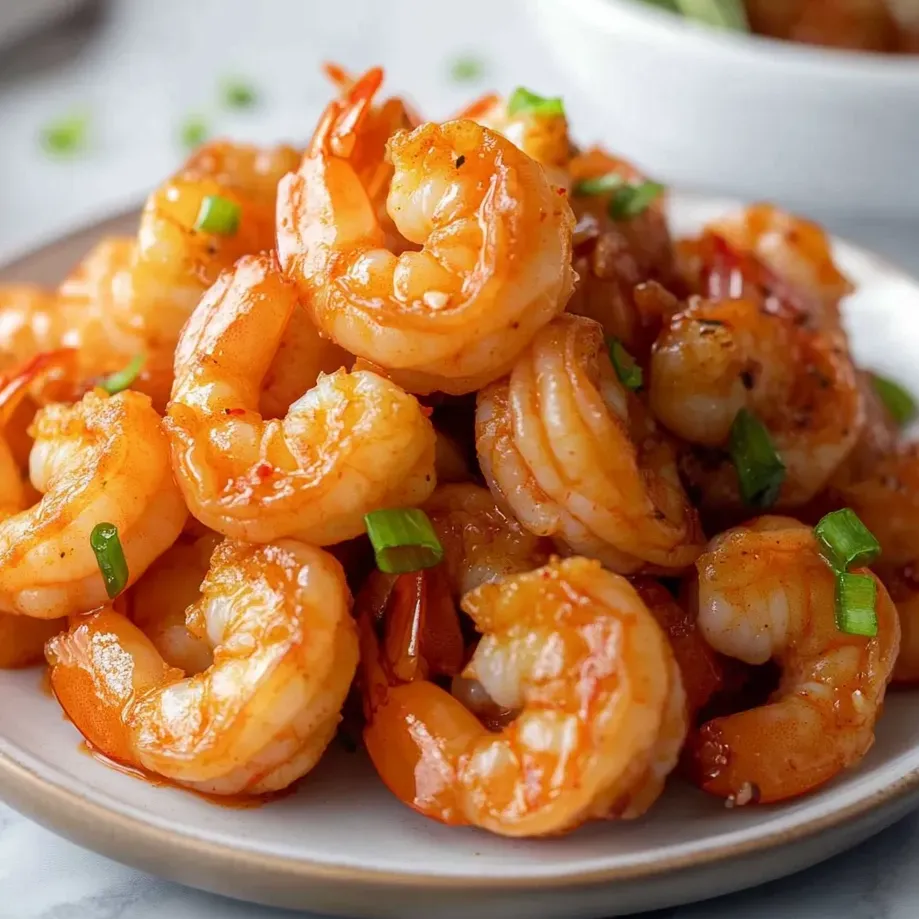 Une assiette de crevettes avec une sauce piquante.