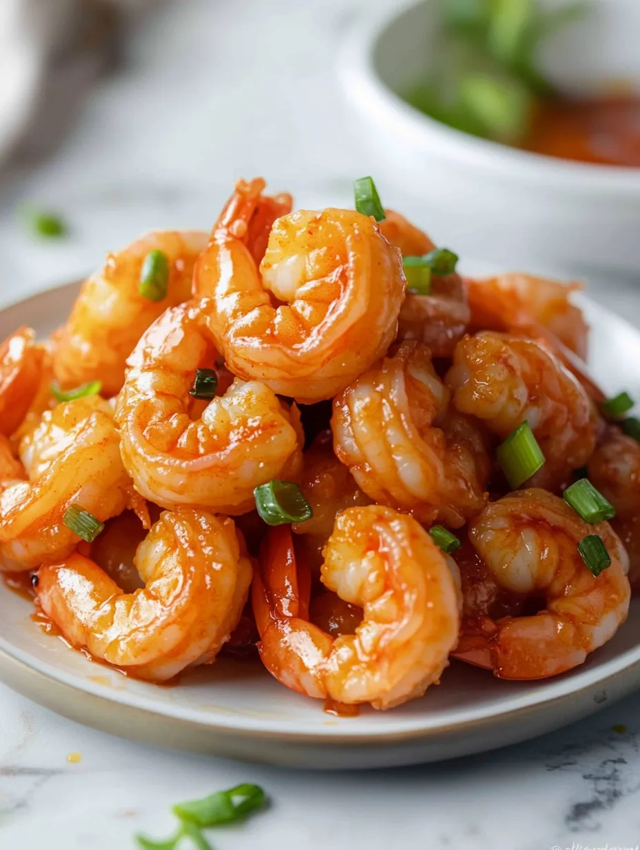 Une assiette de crevettes avec une recette de sauce épicée.