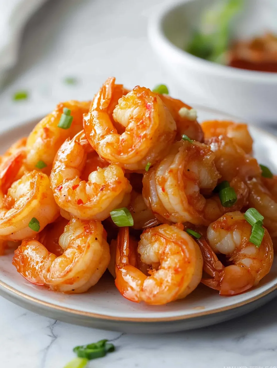 Une assiette de crevettes avec une sauce épicée.