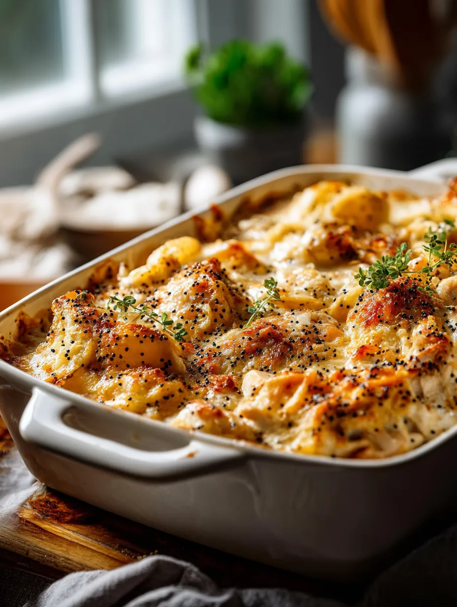 Un plat de gratin de poulet aux graines de pavot.