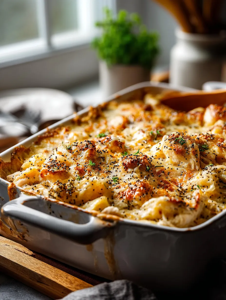Un plat de gratin rempli de poulet et de graines de pavot.
