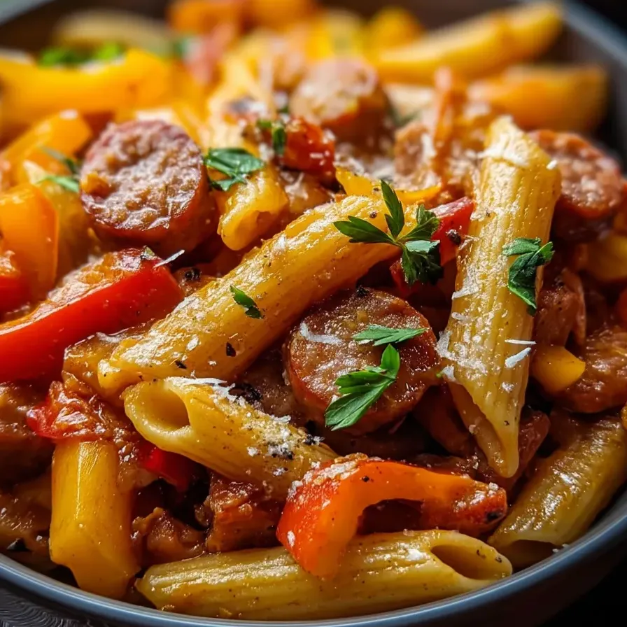 Un bol de pâtes avec saucisse et poivrons.