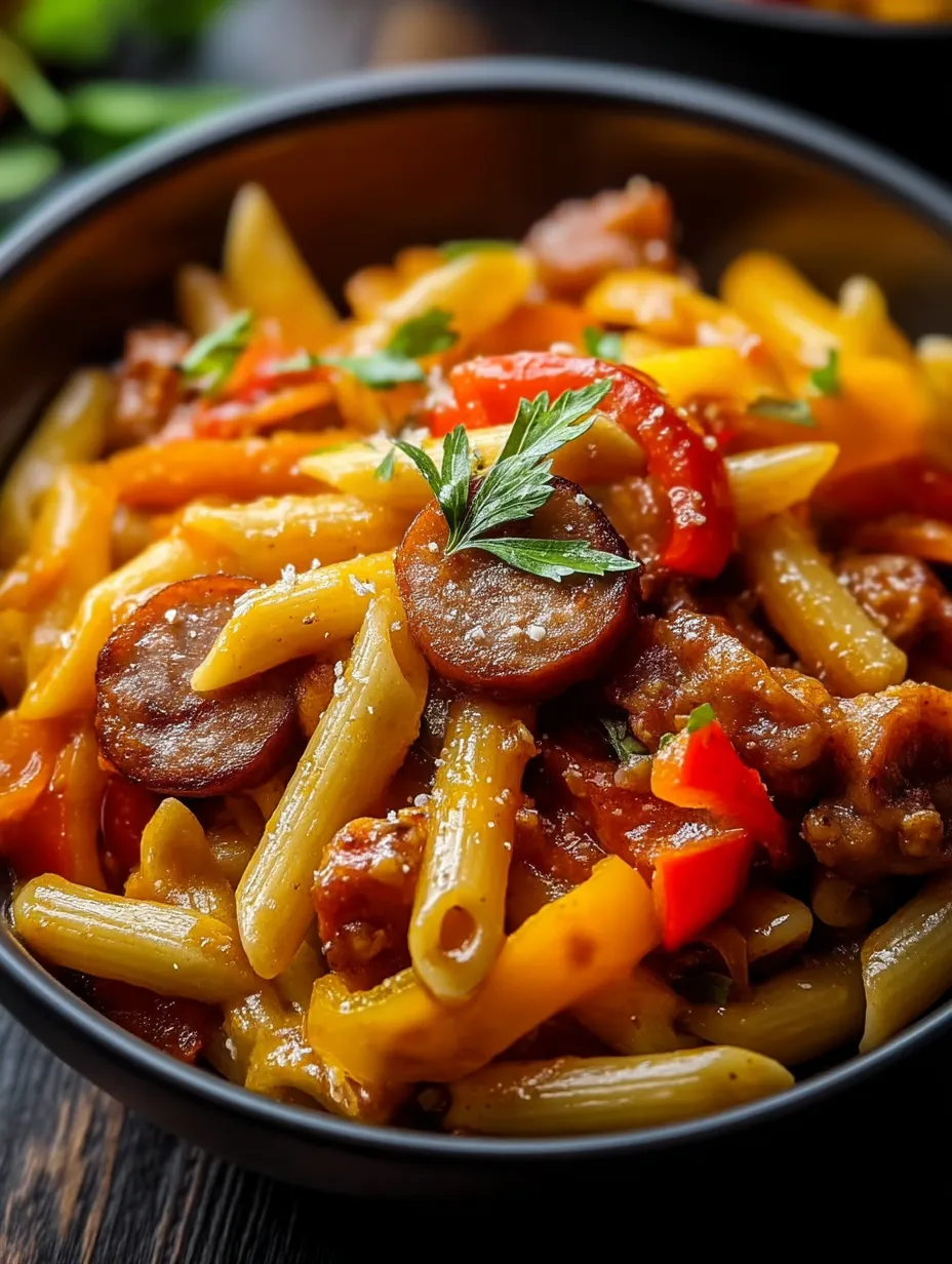 Un bol de pâtes avec saucisse et poivrons.